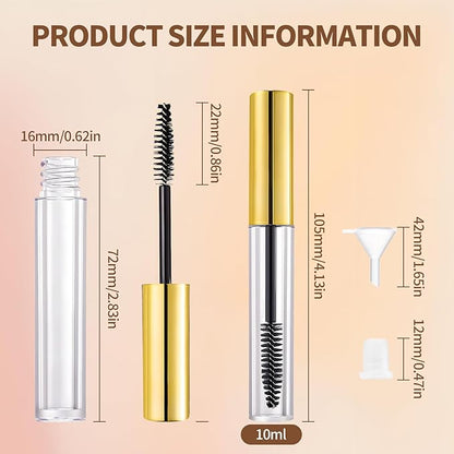 16 Pack Empty Mascara Tube 10ml Refillable Bottles with Brush Wand&Funnels,Leakproof Travel Containers for Lash & Brow Serum,Portable for Makeup Artists or Beginners(Gold)