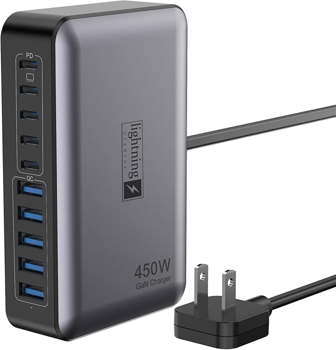 USB C Charger Block 10 Ports, 450W USB Charging Station for Multiple Devices, 5 Type C + 5 USB A GaN PD Charger Hub, Compact Power Brick Super Fast Charging for MacBook, Ipad, iPhone, Samsung