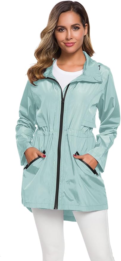 Avoogue Women's Long Raincoat with Hood Outdoor Lightweight Windbreaker Rain Jacket Waterproof