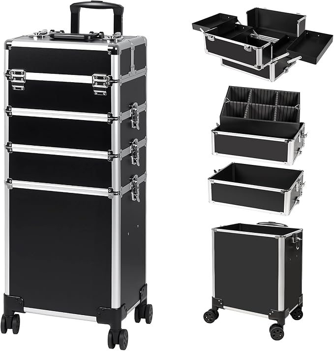 Professional Rolling Makeup Case, Cosmetology Case on Wheels 4 in 1 Large Cosmetic Train Case, Ideal Gift for Hairstylist, Nail Techs, Portable Beauty Organizer for Travel or Salon Use,Black Silver