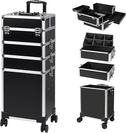 Professional Rolling Makeup Case, Cosmetology Case on Wheels 4 in 1 Large Cosmetic Train Case, Ideal Gift for Hairstylist, Nail Techs, Portable Beauty Organizer for Travel or Salon Use,Black Silver
