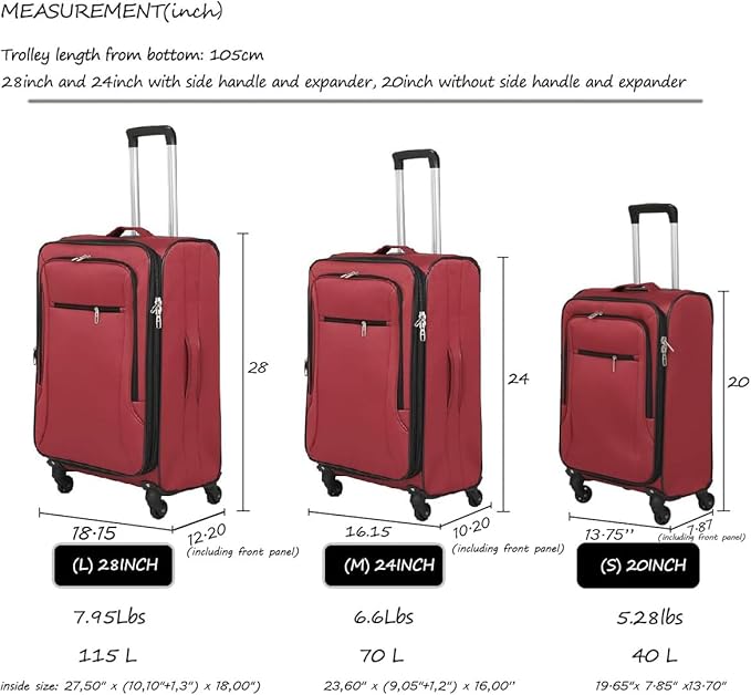 3pcs Set Softside Luggage Sets With Spinner Wheels, Expandable Softshell Suitcase Set with front pocket, 28inch, 24inch, 20inch Lightweight fabric luggage(RED)