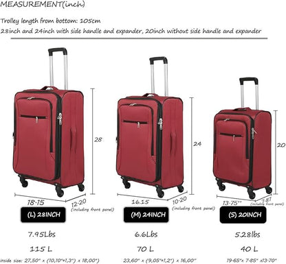 3pcs Set Softside Luggage Sets With Spinner Wheels, Expandable Softshell Suitcase Set with front pocket, 28inch, 24inch, 20inch Lightweight fabric luggage(RED)