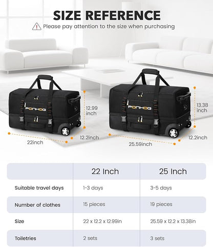 22 Inch Rolling Duffle Bag with Wheels for Men - Water Resistant Wheeled Duffle Bag for Weekend Travel & Overnight Trips, Black