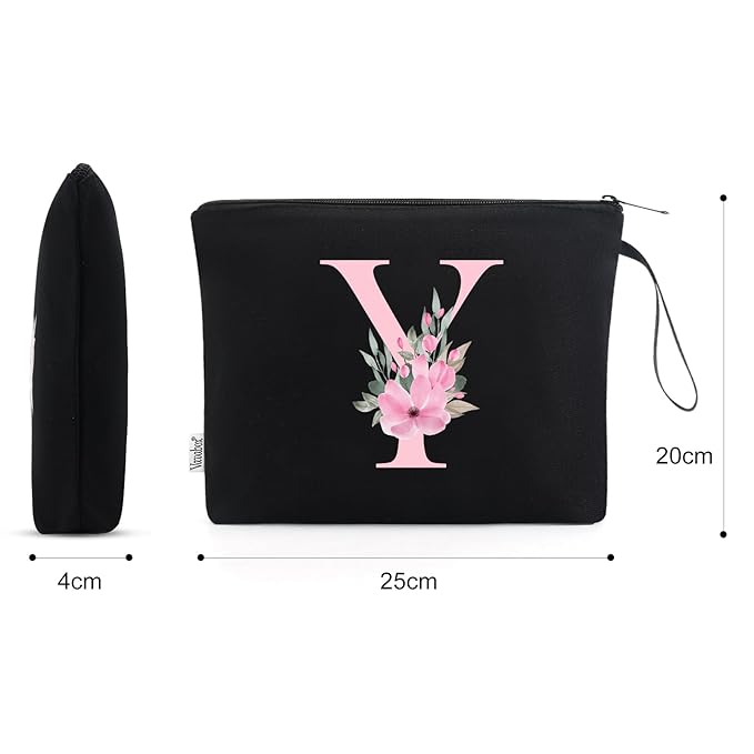 Vavabox A-Z Personalized Makeup Bag, Birthday Gifts for Women Mom, Gifts for Best Friend, Bride Bridesmaid Cosmetic bag (Y, Black)