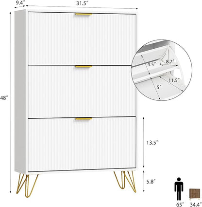 Shoe Storage Cabinet with 3 Flip Drawers, 31.5" W Fluted Shoe Cabinet for Entryway, Hidden Shoe Cabinet Storage, Narrow Free Standing Shoe Orgnaizer Rack Cabinet for Foyer Hallway, White