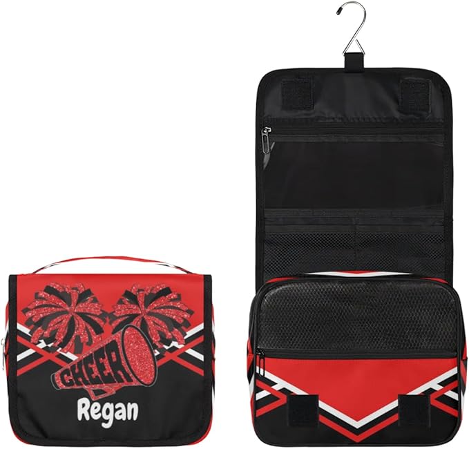 Personalized Name Hanging Toiletry Bag, Cheerleading Large Travel Cosmetic Bag Portable Makeup Organizer Bag for Women Men Bathroom Shower Essentials, Red Black Design