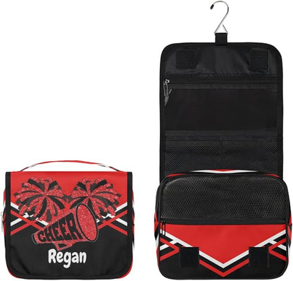 Personalized Name Hanging Toiletry Bag, Cheerleading Large Travel Cosmetic Bag Portable Makeup Organizer Bag for Women Men Bathroom Shower Essentials, Red Black Design