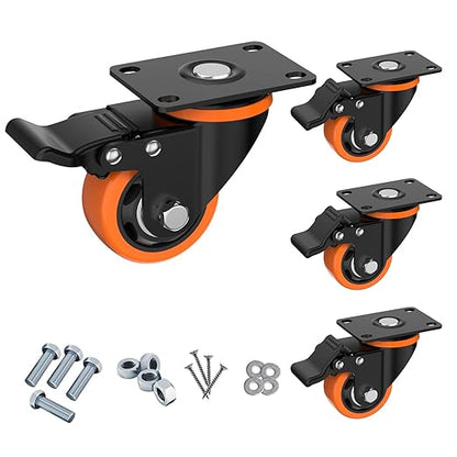 3 Inch Caster Wheels,Orange Casters Set of 4, Heavy Duty Casters with Brake 2300 Lbs, Locking Industrial Swivel Top Plate Casters Wheels for Furniture and Workbench Cart(Two Hardware Kits Include)
