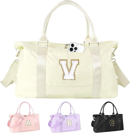 Dance Gym Duffel Bag for Teen Girls, Personalized Initial Travel Weekender Bag,Cute Overnight Carry On Duffle for Women,Sports Travel Cheer Bag,Monogram Christmas Gifts for Tween Preppy(beige-V)