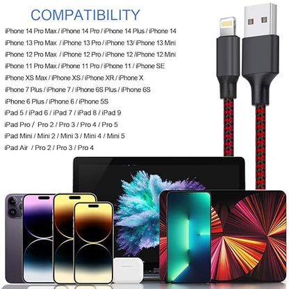 TAKAGI for iPhone Charger, [MFi Certified] Lightning Cable 3PACK 6FT Nylon Braided USB Charging Cable High Speed Transfer Cord Compatible with iPhone 14/13/12/11 Pro Max/XS MAX/XR/XS/X/8/iPad(Red)