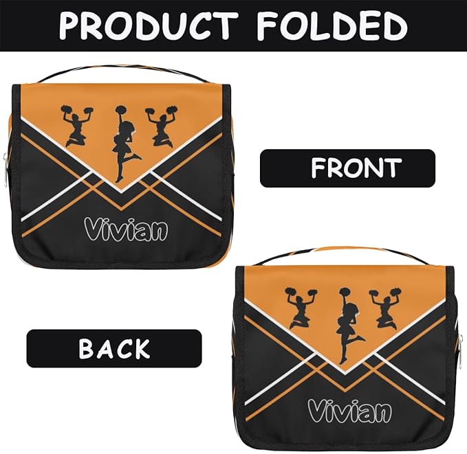 Custom Travel Toiletry Bag with Hanging Hook, Spacious Waterproof Cheerleading Toiletry Bag for Women for Travel Accessories, Toiletries Essentials. Orange Black Cheer