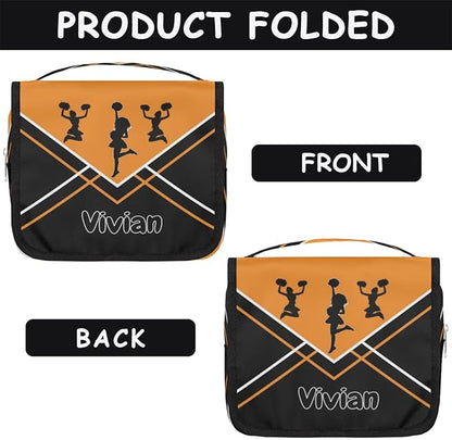 Custom Travel Toiletry Bag with Hanging Hook, Spacious Waterproof Cheerleading Toiletry Bag for Women for Travel Accessories, Toiletries Essentials. Orange Black Cheer