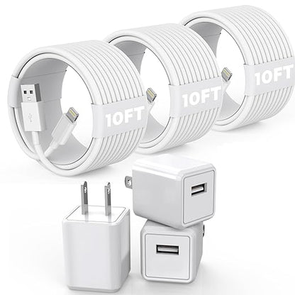 3Pack 10FT Long iPhone Charger,[Apple MFi Certified] Cube Phone Charging Transfer Cord 10Foot Lightning Cable USB Plug Wall Charger Block Travel Adapter for iPhone 14/13/12/11/SE 2022/8/7/XS/XR/X/iPad