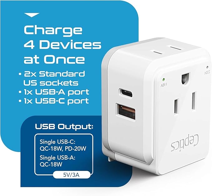 Ceptics Chile, Rome, Italy Travel Plug Adapter Set, Chile plug adapter USB-USB-C 20W PD-QC 18W, 2 Outlet, US to Italy plug adapter for Lybia, Uruguay Includes Type C, L SWadAPt Attachments - PAK-IT