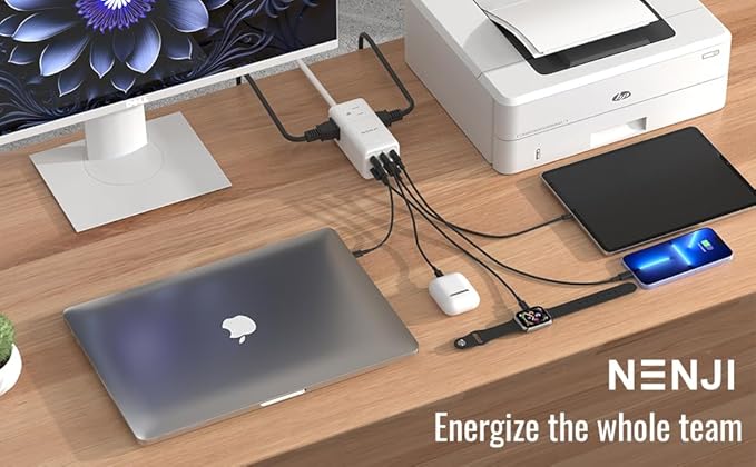 NENJI 75W GaN USB-C Super Fast Charging Station, 8-in-1 Power Strip with 5 USB & 3 AC Ports, Smart Charging, Fast PD Charger for iPhone, Samsung, iPad, MacBook – Desktop & Travel-Friendly – White