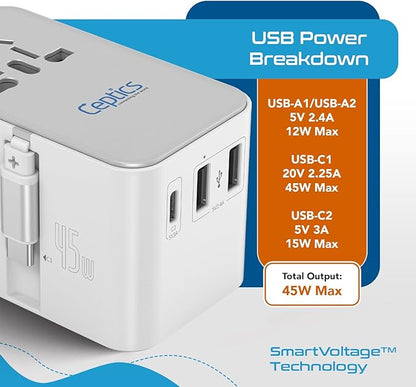 Ceptics 5 in 1 International Travel Adapter with PD 45W Retractable USB-C Cable 65cm, 2X USB-A 2.4A, 1x USB-C 3A, Travel Adapter Worldwide for Laptop, Phones and Cameras for US, EU, UK, UP-45WC-WH