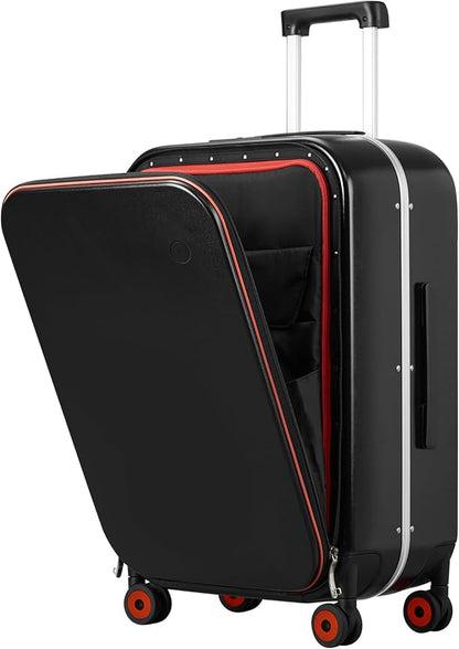 mixi Luggage Suitcase with Spinner Wheels, 24'' Checked Travel Luggage Aluminum Frame PC Hardside with TSA Lock & Cover - Black Hollow Wheel