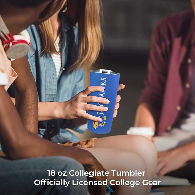 Campus Colors NCAA Stainless Steel Tumbler perfect for Gameday - 18 oz - Double Walled - Keeps Drinks Perfectly Insulated (Kansas Jayhawks - Royal)