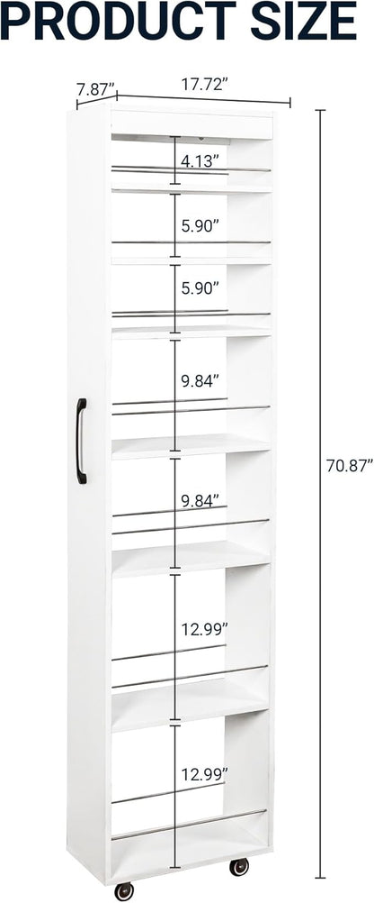 7-Tier Slim Storage Cart with Wheels, 7.9''W Pull Out Rolling Utility Cart, Mobile Shelving Unit Organizer with Handle, Narrow Multi-Functional Open Shelf for Kitchen, Bathroom, Laundry Room