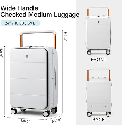 Hanke Top Opening 24 Inch Luggage with Spinner Wheels, Aluminum Frame All-PC Hard Shell Medium Suitcase, Trunk Wide Handle Luggage for Travel, TSA Checked-Medium (Smoke White, 69L)