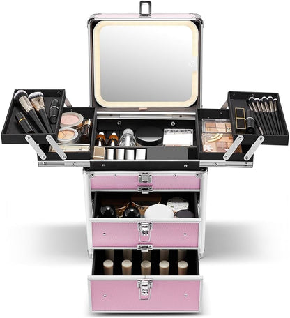 Qislee Makeup Box with Double Drawers and Four Trays, A Detachable Lighted Mirror, Waterproof Travel Train Case, Cosmetic Organizer and Makeup Suitcase with Magnetic LED Mirror(ICY Pink)