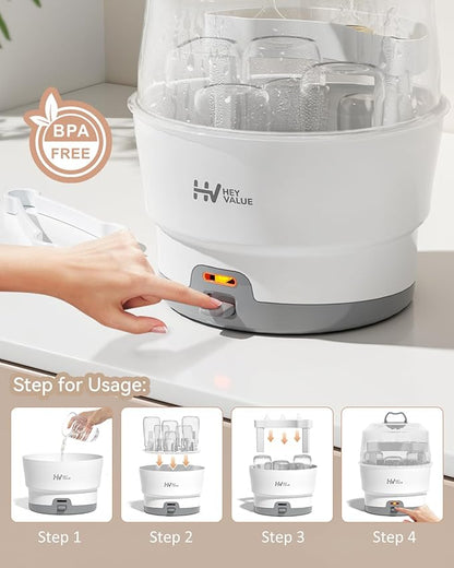 HEYVALUE Ease-Steam Bottle Sterilizer, Compact Baby Bottle Sterilizer, Fast One-Touch Operation (Esterilizador de Biberones), Electric Sterilizer for Baby Bottles, Baby Essentials & Breast Pump Parts