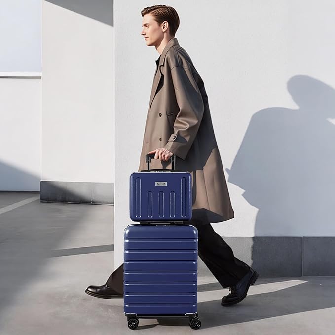 AnyZip Suitcase, 20" Carry On Luggage 14" Mini Cosmetic Cases Luggage Sets Hardside PC ABS Lightweight USB Suitcase with Wheels TSA for kids (2-Piece Set (14/20),DarkBlue)