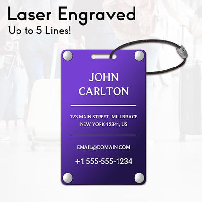 Personalized Luggage Tags for Suitcases - Aluminum Custom Luggage Tags for Backpacks & Bags, Sturdy, Waterproof & Heavy Duty (Purple/Card-Sized)
