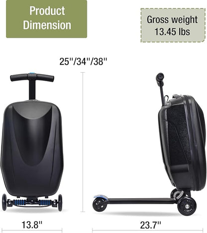 Apelila 20" Scooter Suitcase for Kids, 2-in-1 Ride On Luggage with Wheels for Boys & Girls Ages 4-15, Foldable Hardshell Carry On Lightweight Travel Suitcase for Airplane (Black)