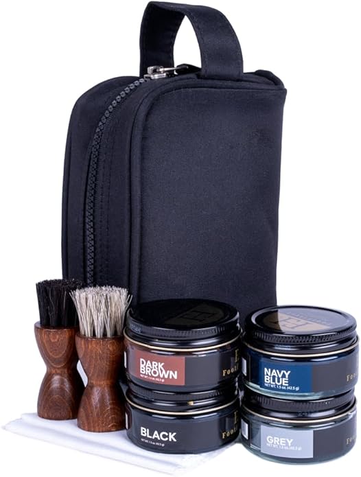 FootFitter Premium Shoe Cream Polish Kit, Creams, Shine Cloths, Applicators & Travel Bag for Leather Shoe Care & Touch-Ups