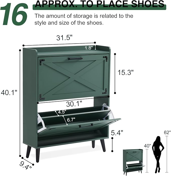 Shoe Storage Cabinet,Farmhouse Shoe Organizer with 2 Flip Drawers & Barn Door Design,Freestanding Hidden Slim Narrow Shoe Rack Cabinet for Entryway,Foyer,Hallway,Green