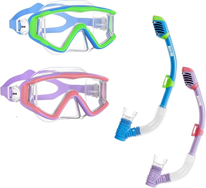 Aegend Snorkeling Gear for Adults Youth Kids, Dry Snorkel Set Panoramic View Enhanced Anti-Leak and Anti-Fog Technology, Adjustable Strap for Snorkeling Scuba Diving Swimming with Mesh Bag