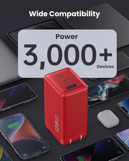 128W USB C Wall Charger,GaN III 3-Port Fast Charging Station,PD QC Foldable Charger Block Portable 65W Laptop Adapter for MacBook Pro/Air,iPad Pro,Galaxy S23,Dell XPS 13,iPhone 17/16/Pro etc