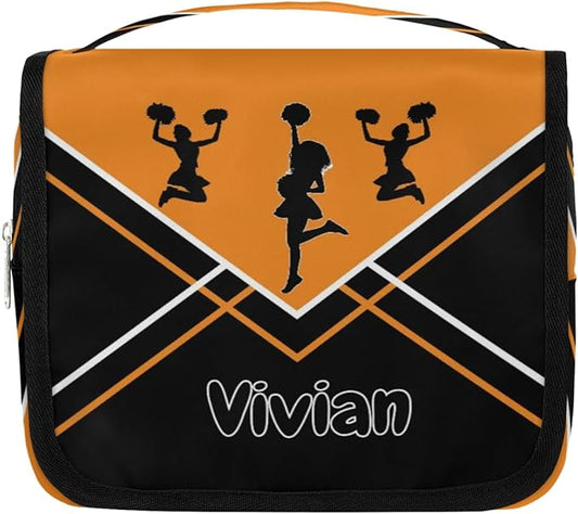 Custom Travel Toiletry Bag with Hanging Hook, Spacious Waterproof Cheerleading Toiletry Bag for Women for Travel Accessories, Toiletries Essentials. Orange Black Cheer