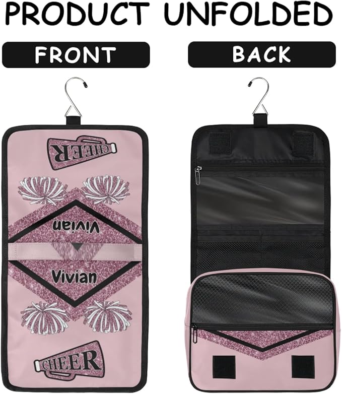 Custom Name Cheer Toiletry Bag Travel Bag with Hanging Hook, Makeup Cosmetic Bag Travel Full Sized Container Organizer for Shampoo, Toiletries, Dark Pink Glittering Cheerleading
