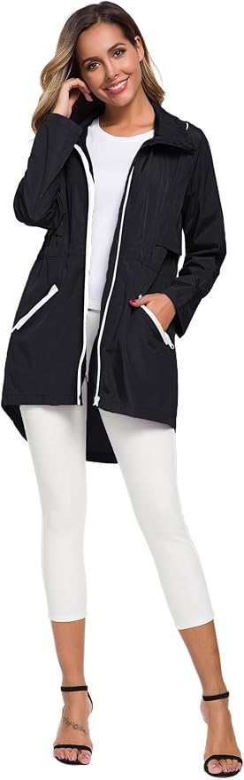 Avoogue Women's Long Raincoat with Hood Outdoor Lightweight Windbreaker Rain Jacket Waterproof