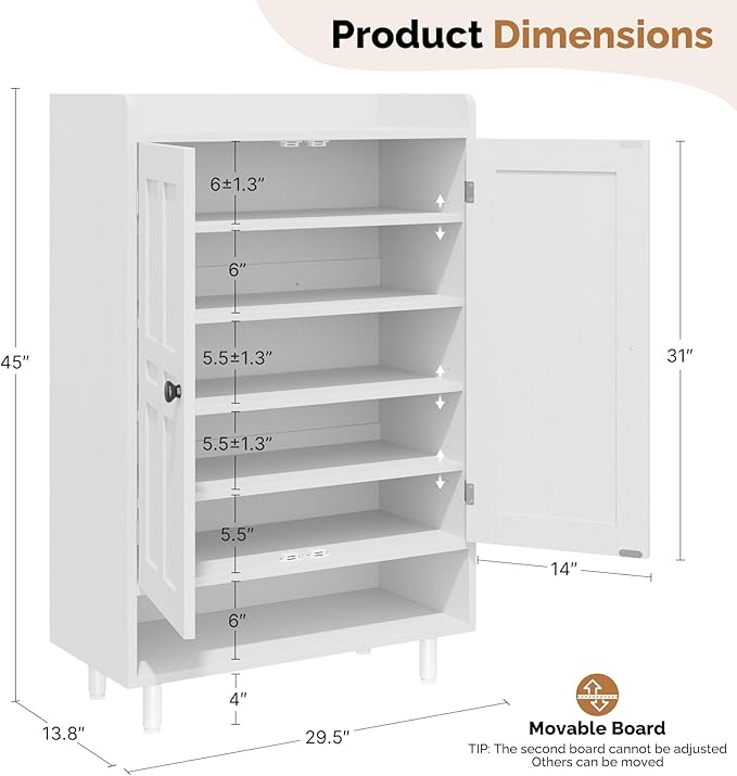 Entrance Shoe Cabinet with Doors,6-Tier Farmhouse Shoe Storage Organizer with Adjustable Shelves Holds 18-26 Pairs and Metal Legs, Entry Organizer Entryway, Living Room (White)