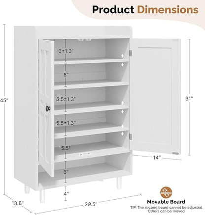 Entrance Shoe Cabinet with Doors,6-Tier Farmhouse Shoe Storage Organizer with Adjustable Shelves Holds 18-26 Pairs and Metal Legs, Entry Organizer Entryway, Living Room (White)