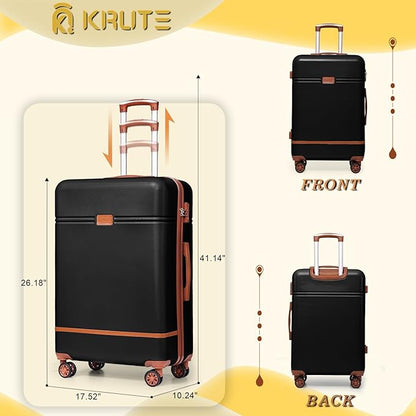 Krute Checked Luggage 24 inch Suitcases with Wheels TSA Approved PC+ABS Lightweight Hard Side Suitcase (BlackBrown)
