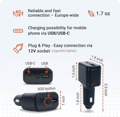 PAJ GPS USB GPS Tracker 4G – Mini Vehicle Tracker for Cars & Trucks – Direct 12V Connection via Cigarette Lighter Port, Built-in SOS Button – Worldwide Real-Time Tracking via App