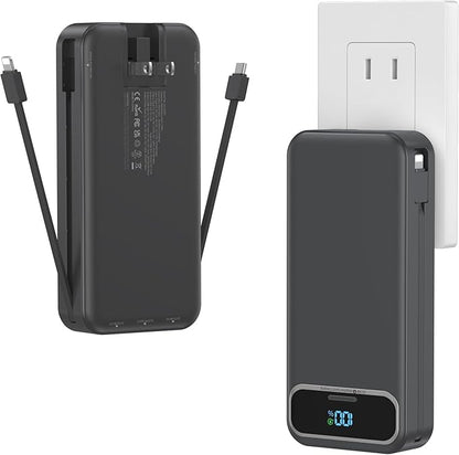 20000mAh Lightweight-Portable-Charger-Power-Bank with Built-in Cables and AC Wall Plug, PD20W USB-C Fast Charging Battery Pack, LED Display External Travel Phone Charger for All iPhone,Samsung,Android