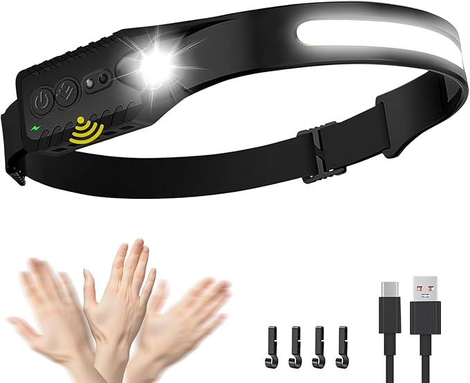Rechargeable LED Headlamp, 400 Lumens, 230° Wide Beam, USB-C, IPX4, 5 Modes — Lightweight, Adjustable Headband; Hard Hat Clips for Camping, Hiking, Running, Repairs & Gift
