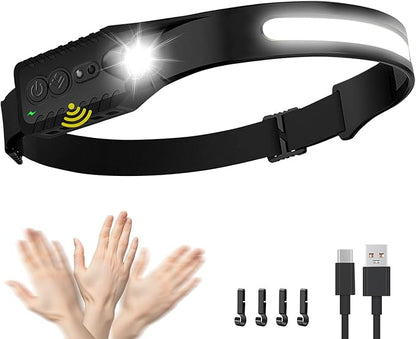 Rechargeable LED Headlamp, 400 Lumens, 230° Wide Beam, USB-C, IPX4, 5 Modes — Lightweight, Adjustable Headband; Hard Hat Clips for Camping, Hiking, Running, Repairs & Gift
