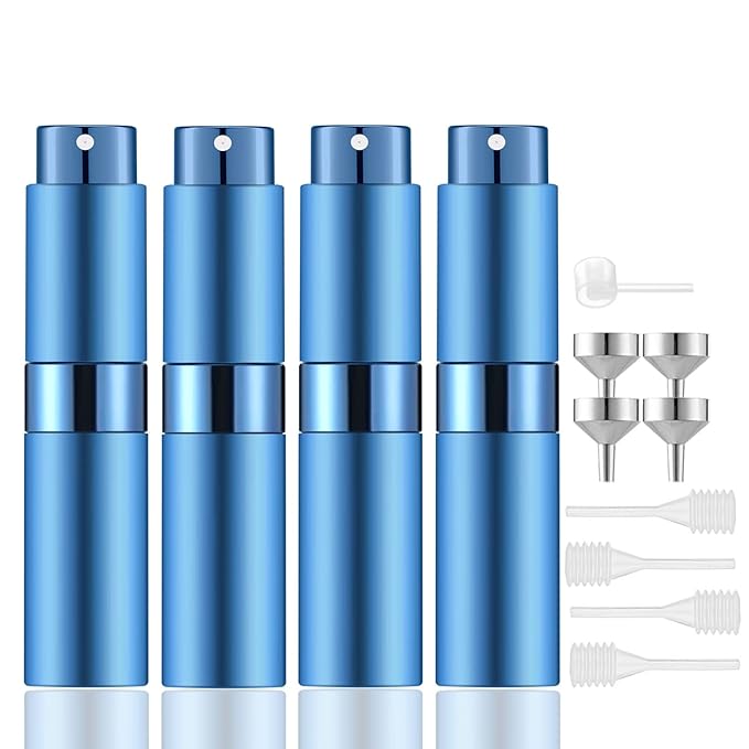 Lil Ray 8ml Portable Mini Perfume Atomizer(4 PCS)，Refillable Empty Small Spray Bottle for Travel, Twist Type Pocket Cologne Sprayer (Blue)