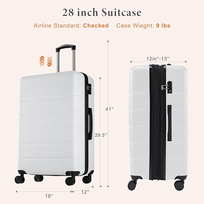 Sweetcrispy Carry on Luggage, Hard Shell ABS Suitcase with Double Spinner Wheels, Lightweight Expandable Rolling Suit Case with TSA Lock, 28 Inch Cream White