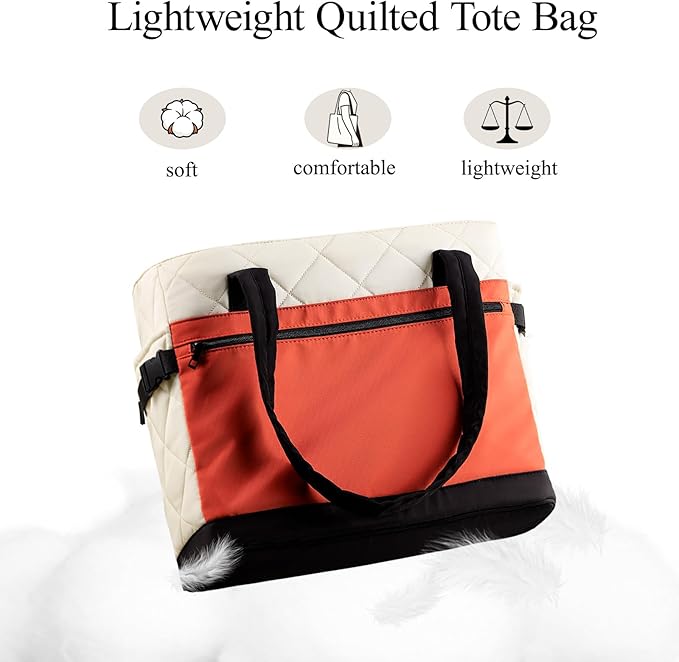 Puffer Tote Bag for Women, Work Bag with Cup Holder, Teacher Bag with Compartments, Quilted Tote Bag with Zipper for Travel