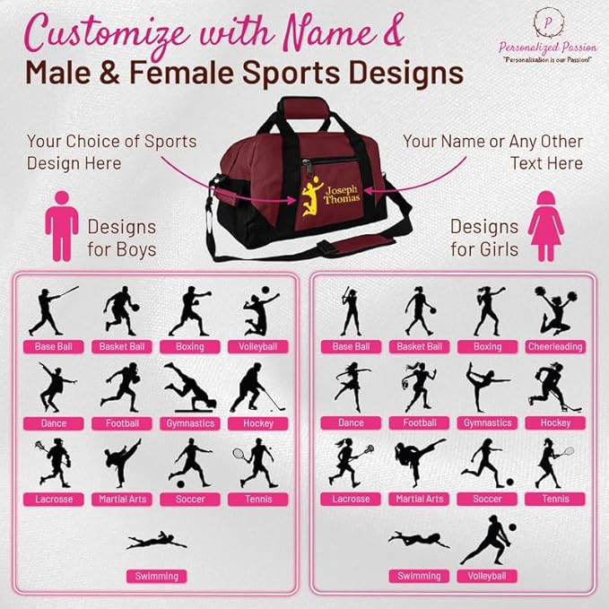 Personalized Passion 14” Small Sports Duffel Bags for Kids - Waterproof Travel Duffle with Name & Volleyball Design - Maroon Two-Toned Kids Weekender Bag for Boys and Girls