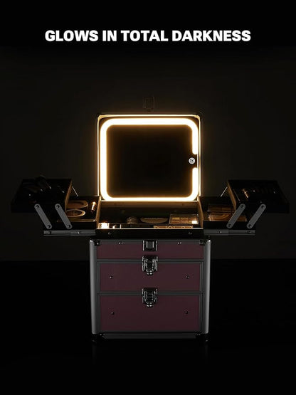 Qislee Makeup Box with Double Drawers and Four Trays, A Detachable Lighted Mirror, Waterproof Travel Train Case, Cosmetic Organizer and Makeup Suitcase with Magnetic LED Mirror(ICY Pink)