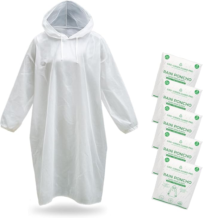 Eco-Friendly Rain Ponchos - Bio-degradable Disposable Clear Poncho with Drawstrings and Adjustable Hood, Family Pack of 5